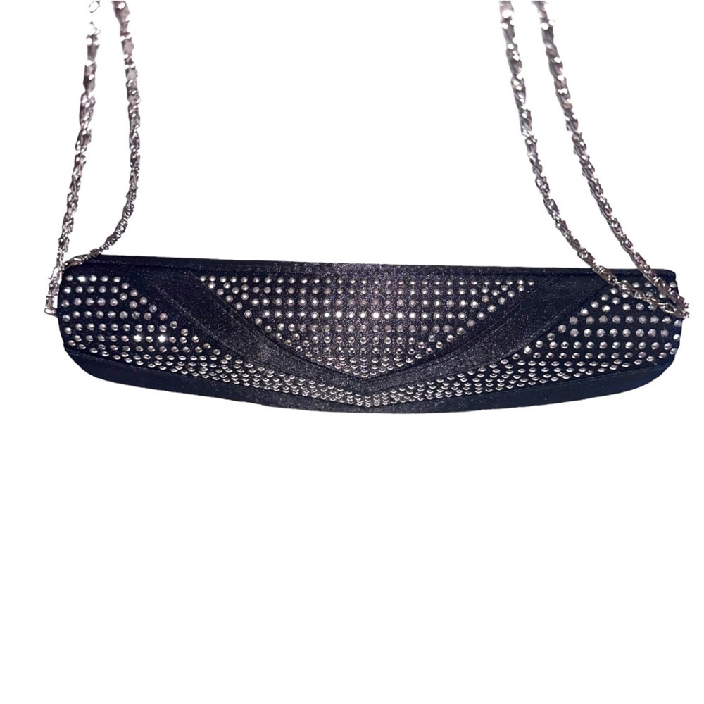 BLACK Satin Rhinestone Encrusted Clutch Bag - Picture 6 of 16